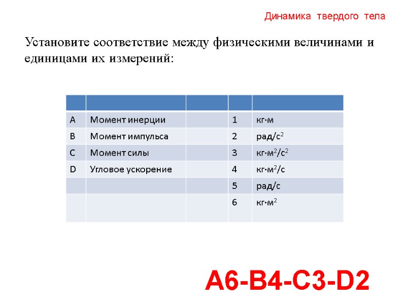 Динамика  твердого  тела А6-В4-С3-D2 Установите соответствие между физическими величинами и единицами их